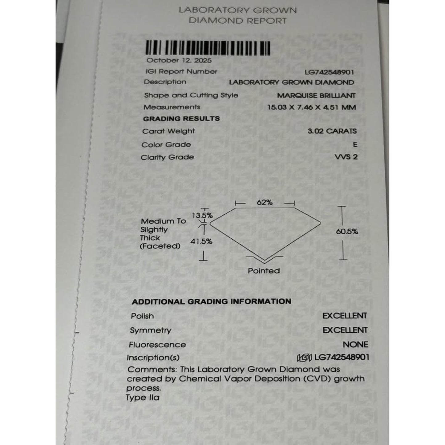 Loose 3.02 Marquise Cut Lab Grown Diamond E Color VVS2 Clarity IGI