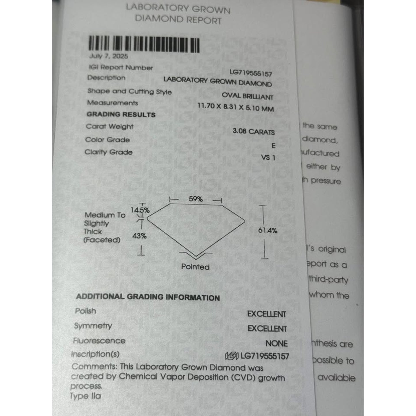 14k White Gold 3.08 Carat Oval Lab Grown Diamond Ring E Color VS1 Clarity