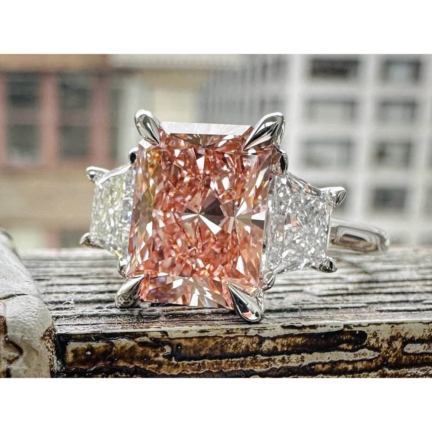 14k White Gold 3 Carat Lab Grown Diamond Fancy Pink Radiant Ring IGI