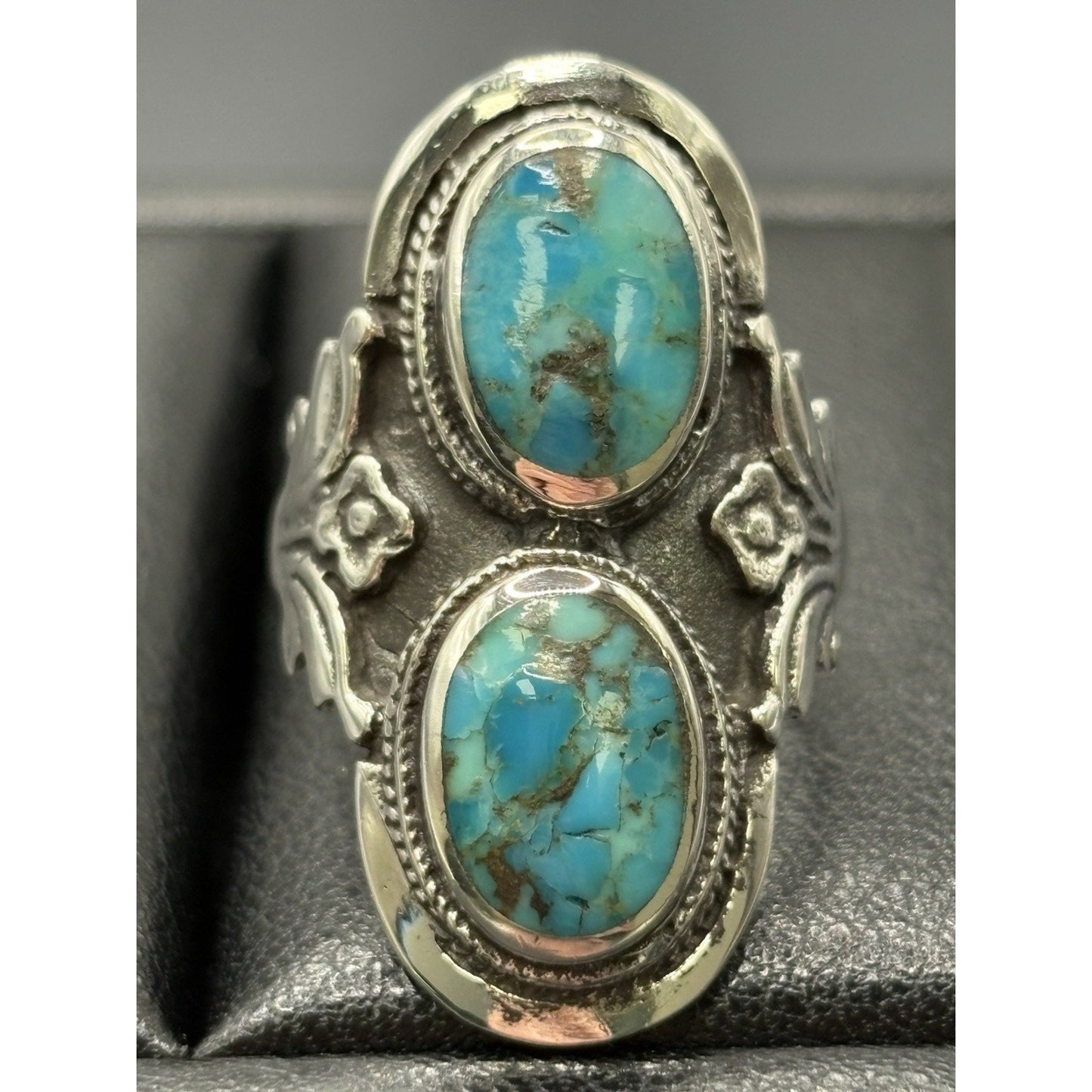 New Condition Sterling Silver Double Turquoise Long Ring Size 6