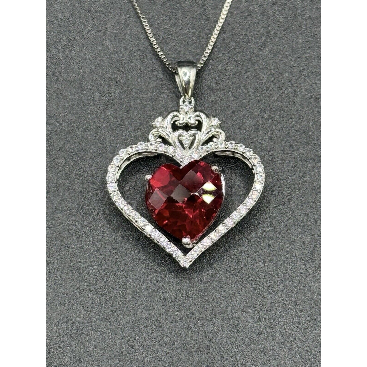 New Sterling Silver Lab Created Ruby White Sapphire Heart Pendant Necklace