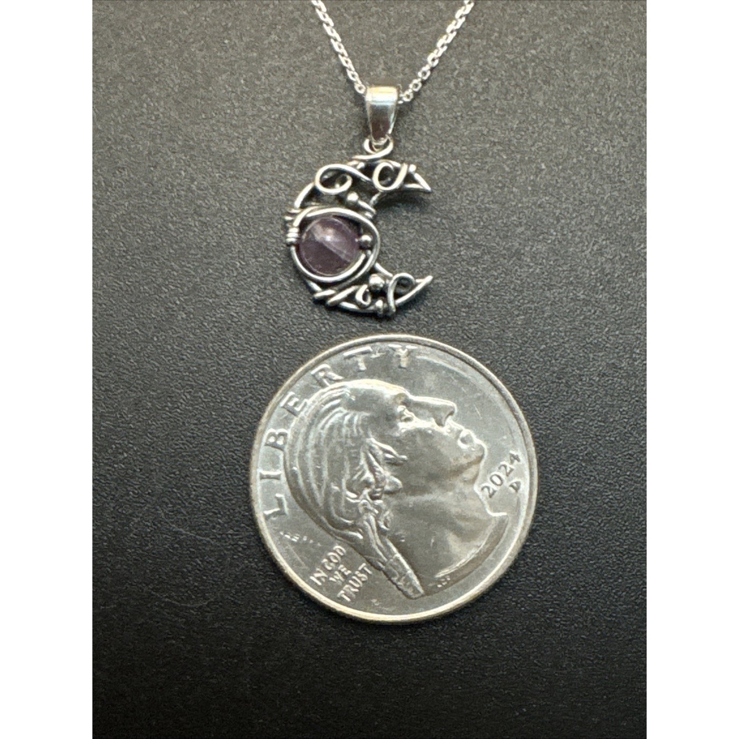 18” New Condition Sterling Silver Amethyst Crescent Moon Pendant Necklace