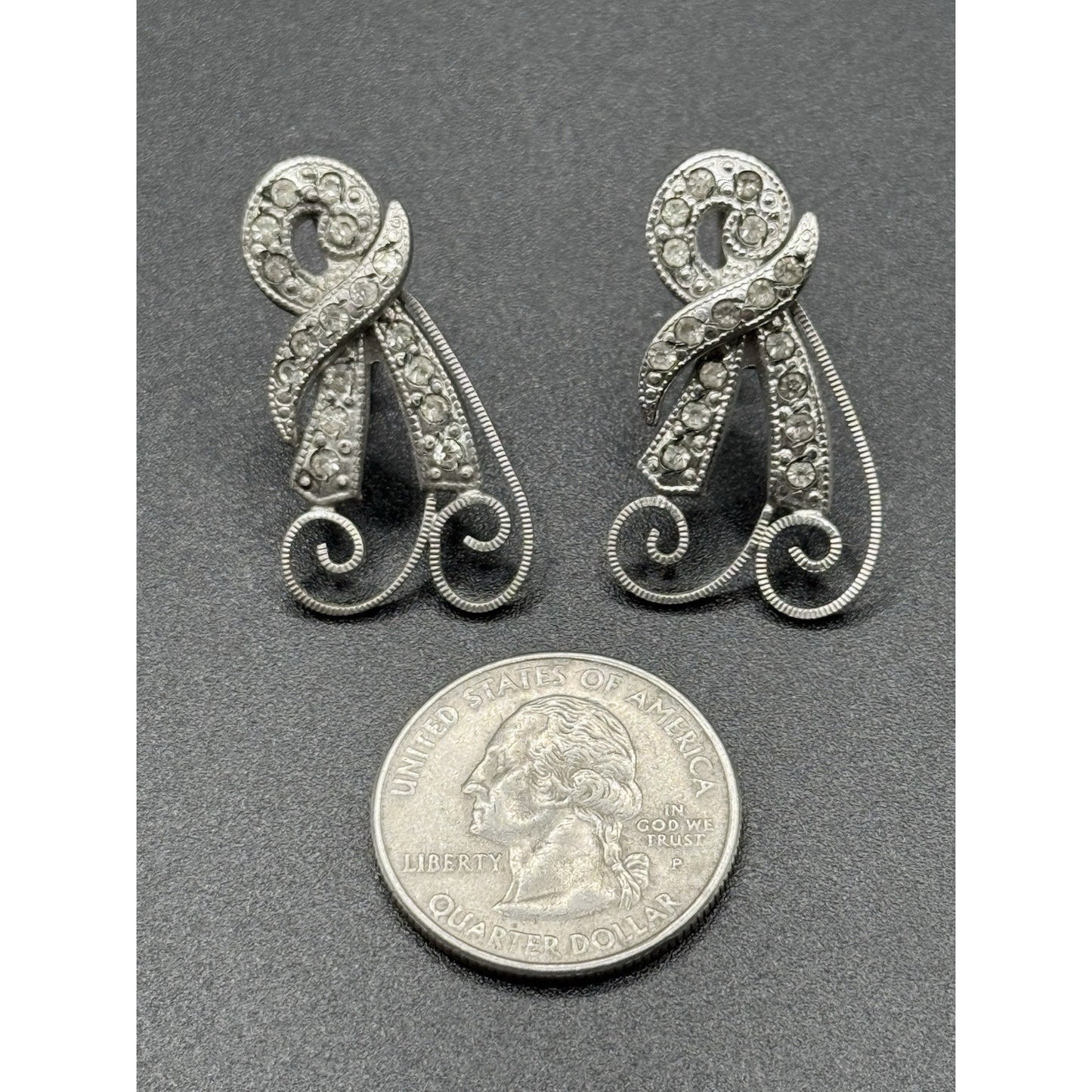 Antique Sterling Silver Rhinestone Dangle Earrings Screw Backs N13