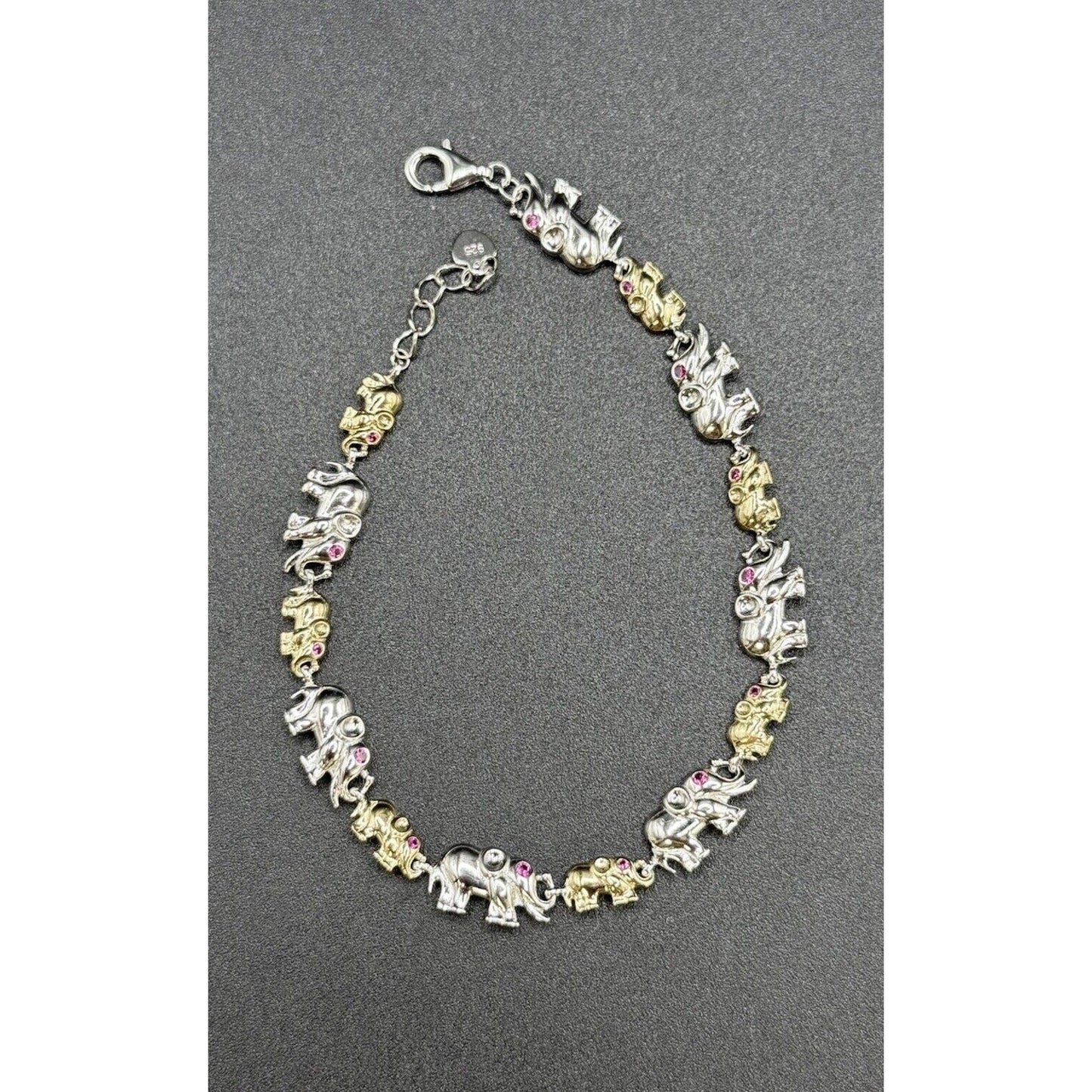 7” New Condition Two Tone Sterling Silver Elephant Bracelet Lab Ruby