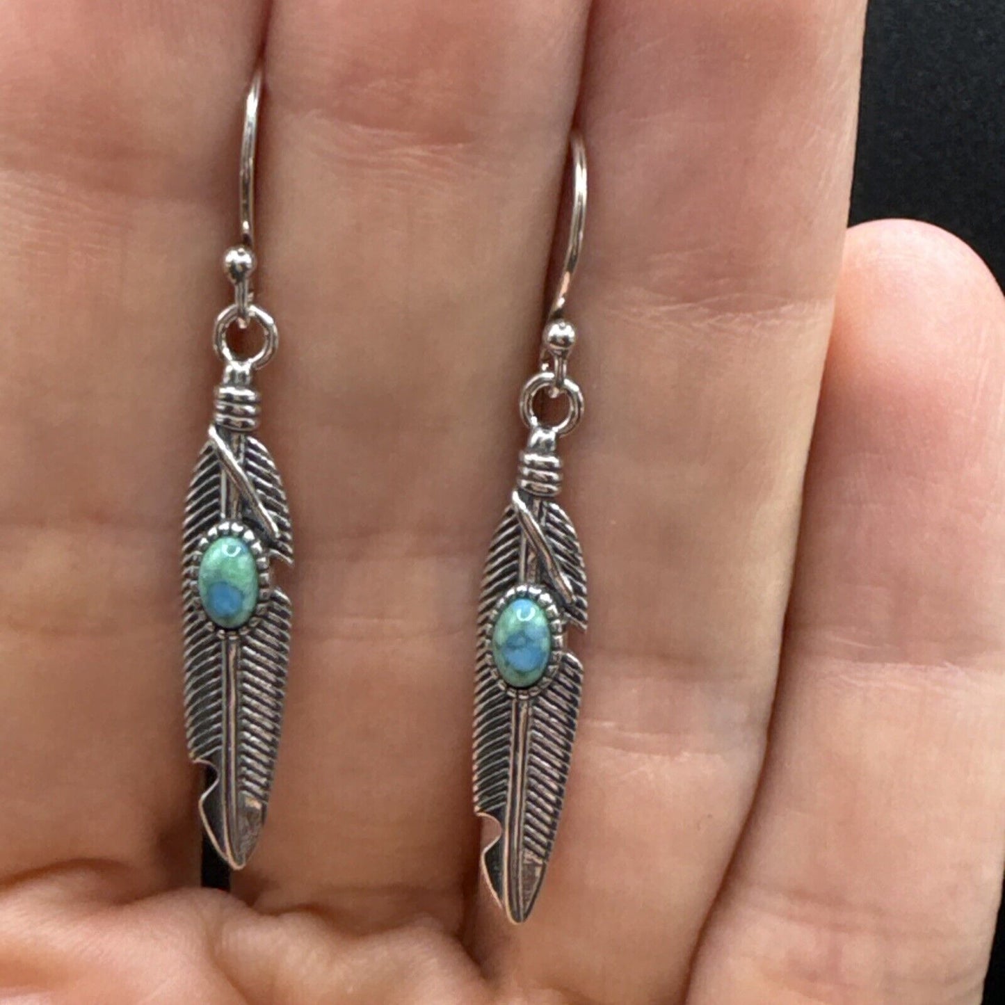 New Condition Sterling Silver Turquoise Feather Dangle Earrings 925