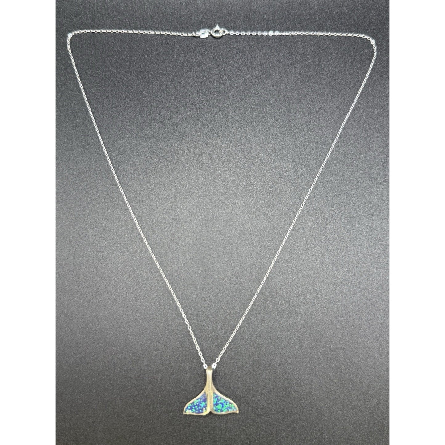 18” Sterling Silver Lab Opal Whale Tail Pendant Necklace 925 P10