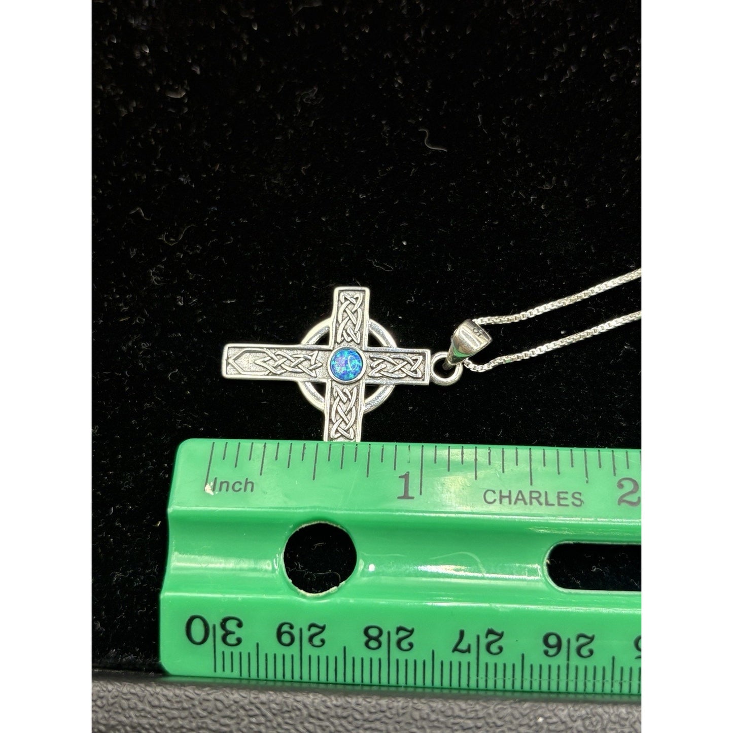 New Condition 18" Sterling Silver Lab Blue Opal Celtic Cross Necklace