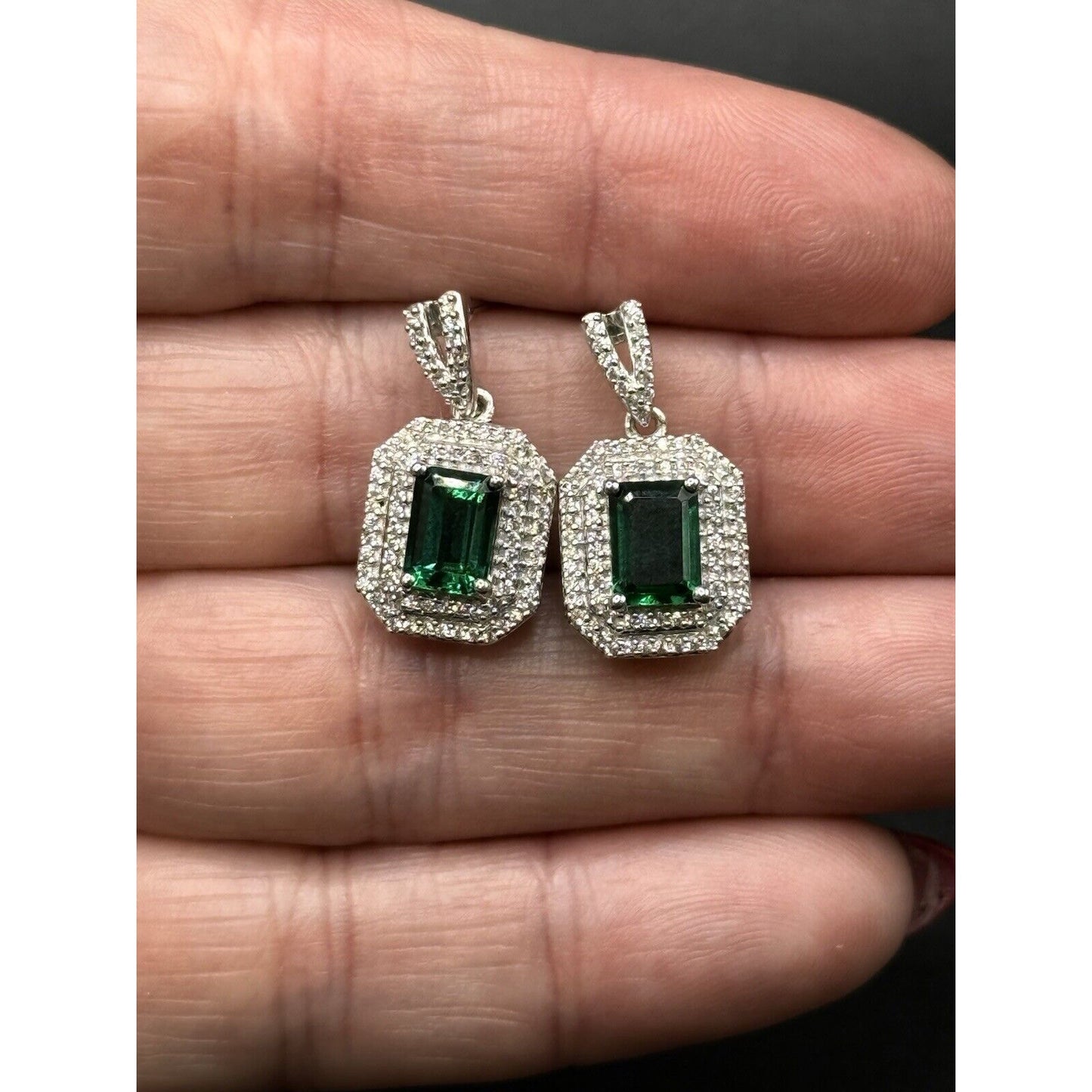 New Condition Sterling Silver Lab Created Emerald White Sapphire Earrings