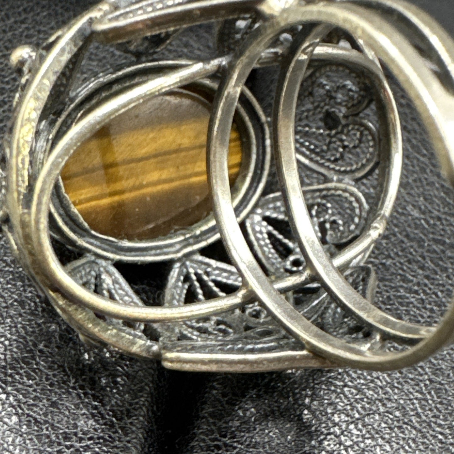 Sterling Silver Tigers Eye Openwork Filigree Dome Ring 925 Size Adjustable Q23