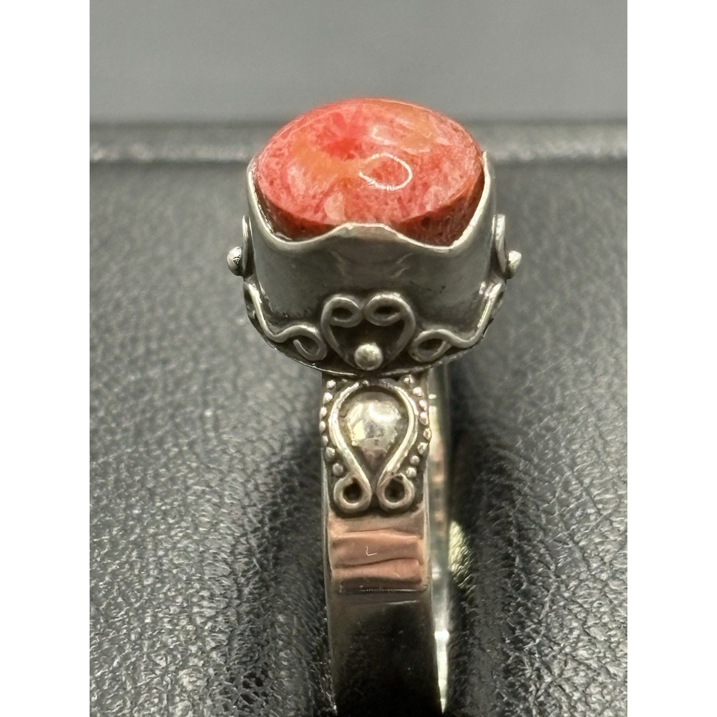 New Condition Sterling Silver Bali Style Coral Ring Size 7