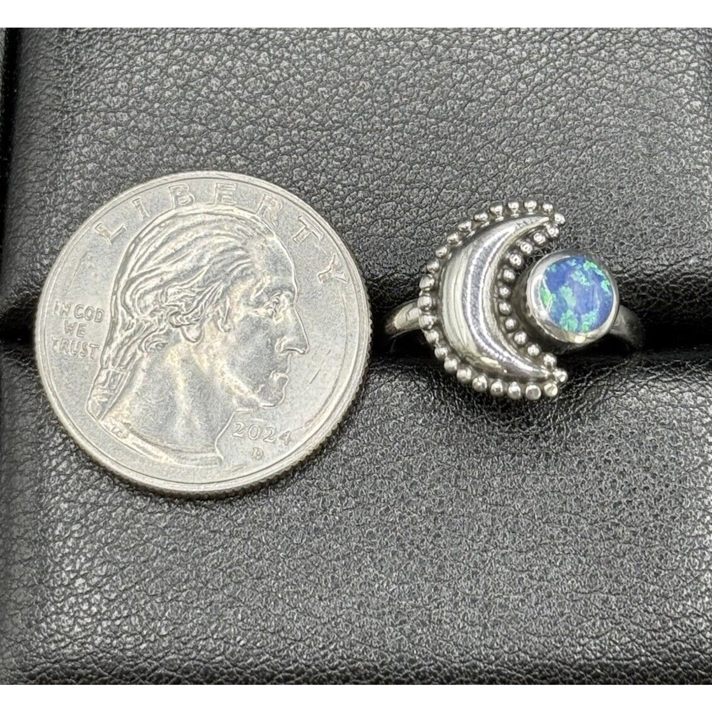 New Condition Sterling Silver Lab Blue Opal Sun Moon Ring Size 6.50