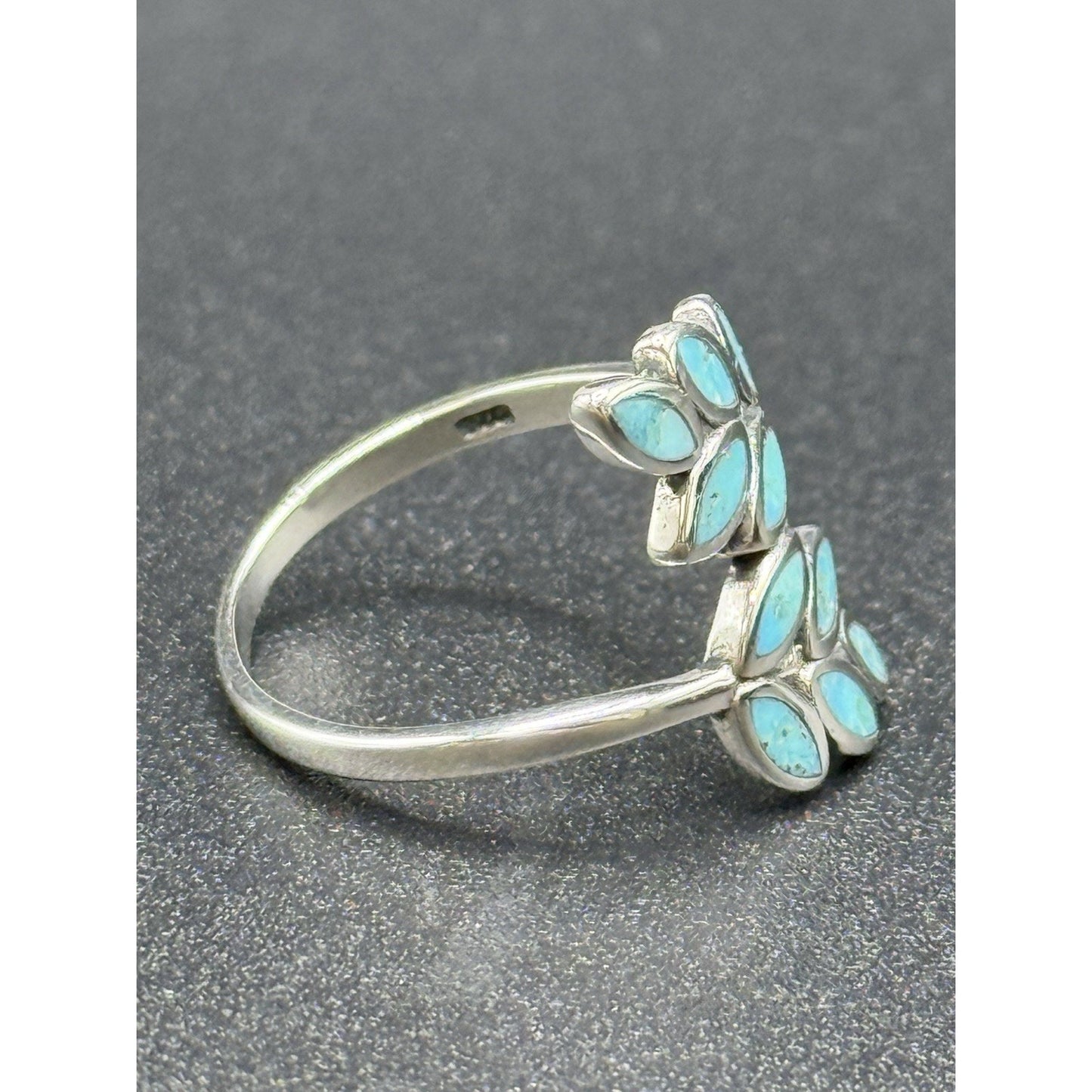 New Condition Sterling Silver Inlay Turquoise Bypass Ring Size 7.00