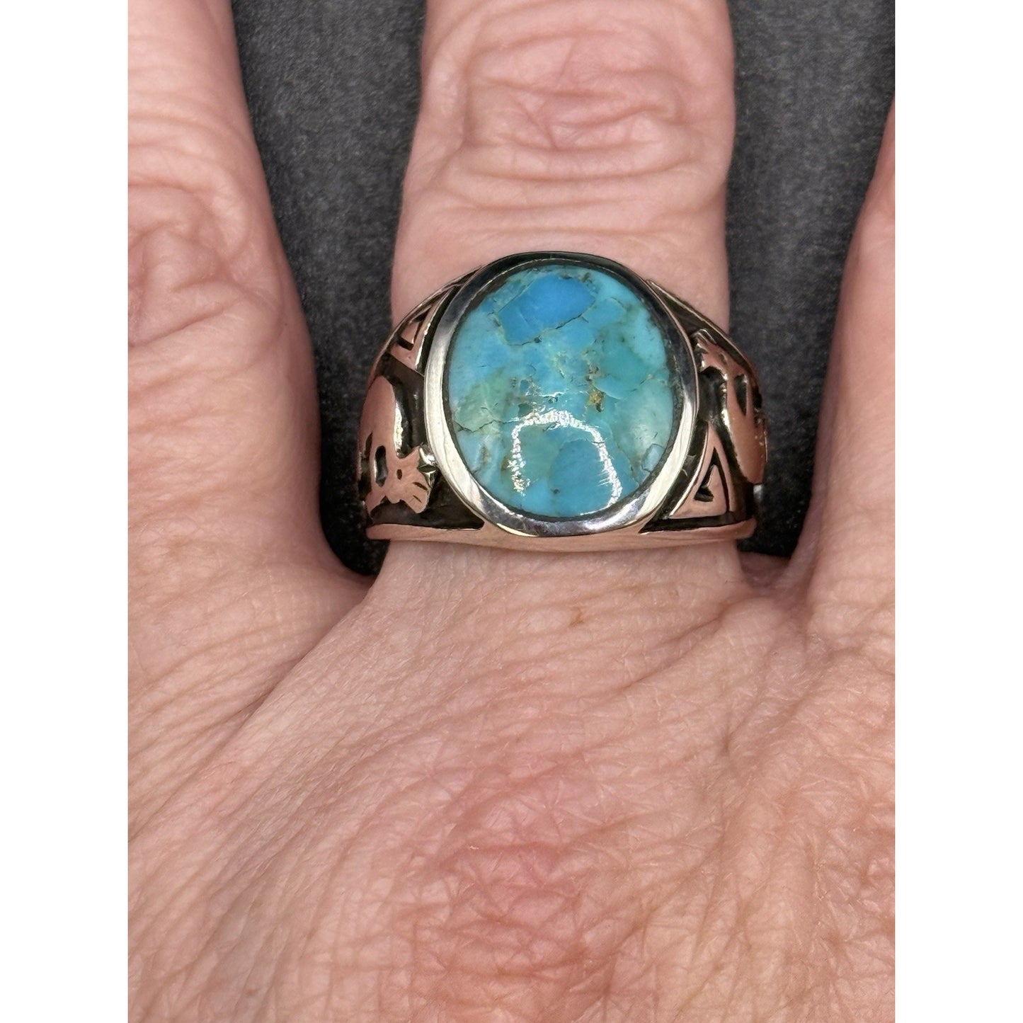 New Condition Sterling Silver Kokopelli Genuine Turquoise Gents Ring Size 10.00