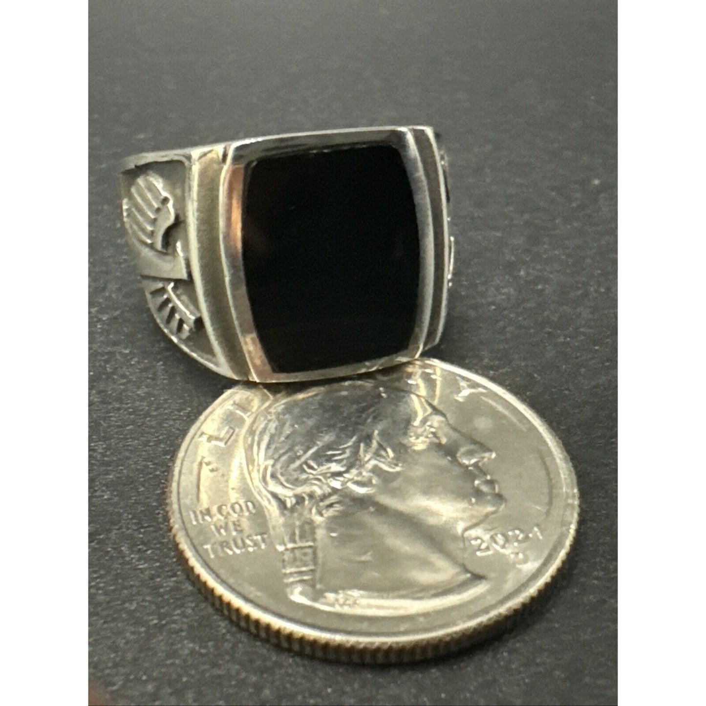 New Condition Sterling Silver Onyx Aztec Eagle Design Signet Ring 925 Size 10