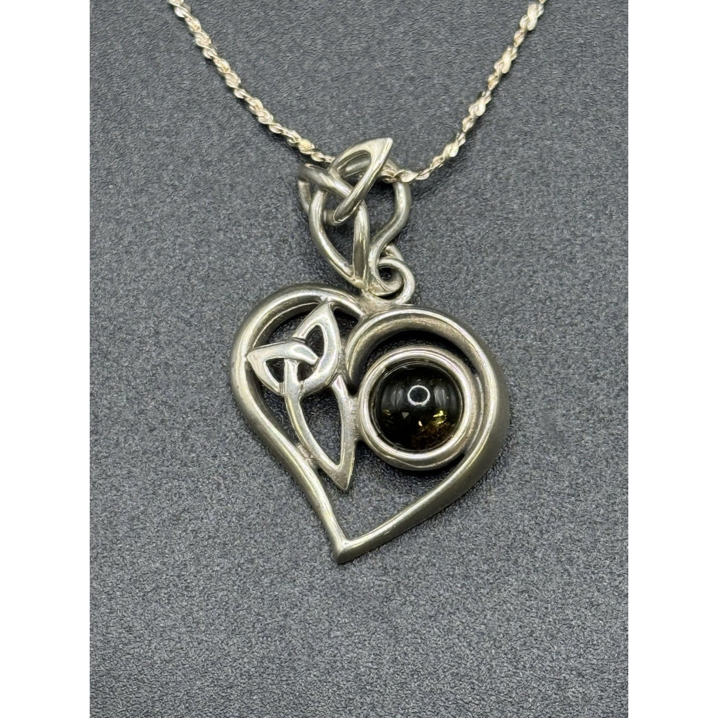 19” Vintage Sterling Silver Amber Pendant Necklace 925 P10