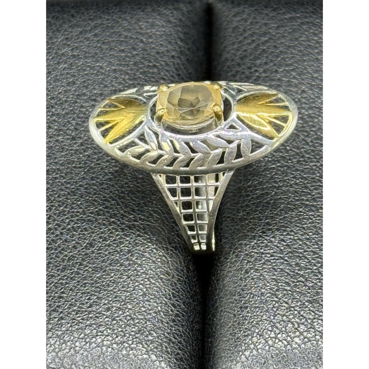 New Condition Sterling Silver Two Tone Genuine Citrine Ring Size 8.00