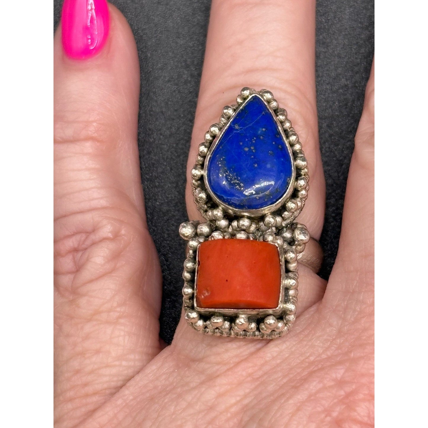 Vintage Sterling Silver Genuine Coral Lapis Ring Size 6.50 15 Grams Q7