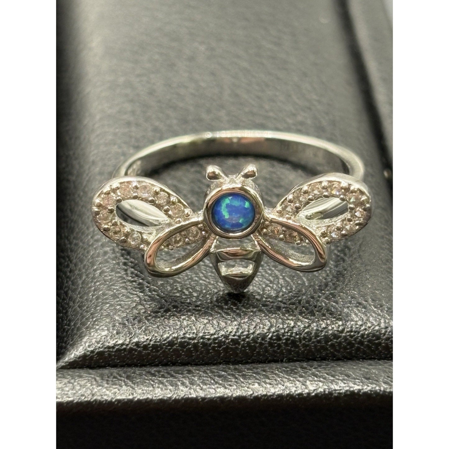 New Condition Sterling Silver Lab Blue Opal Cubic Zirconia Bee Ring Size 7