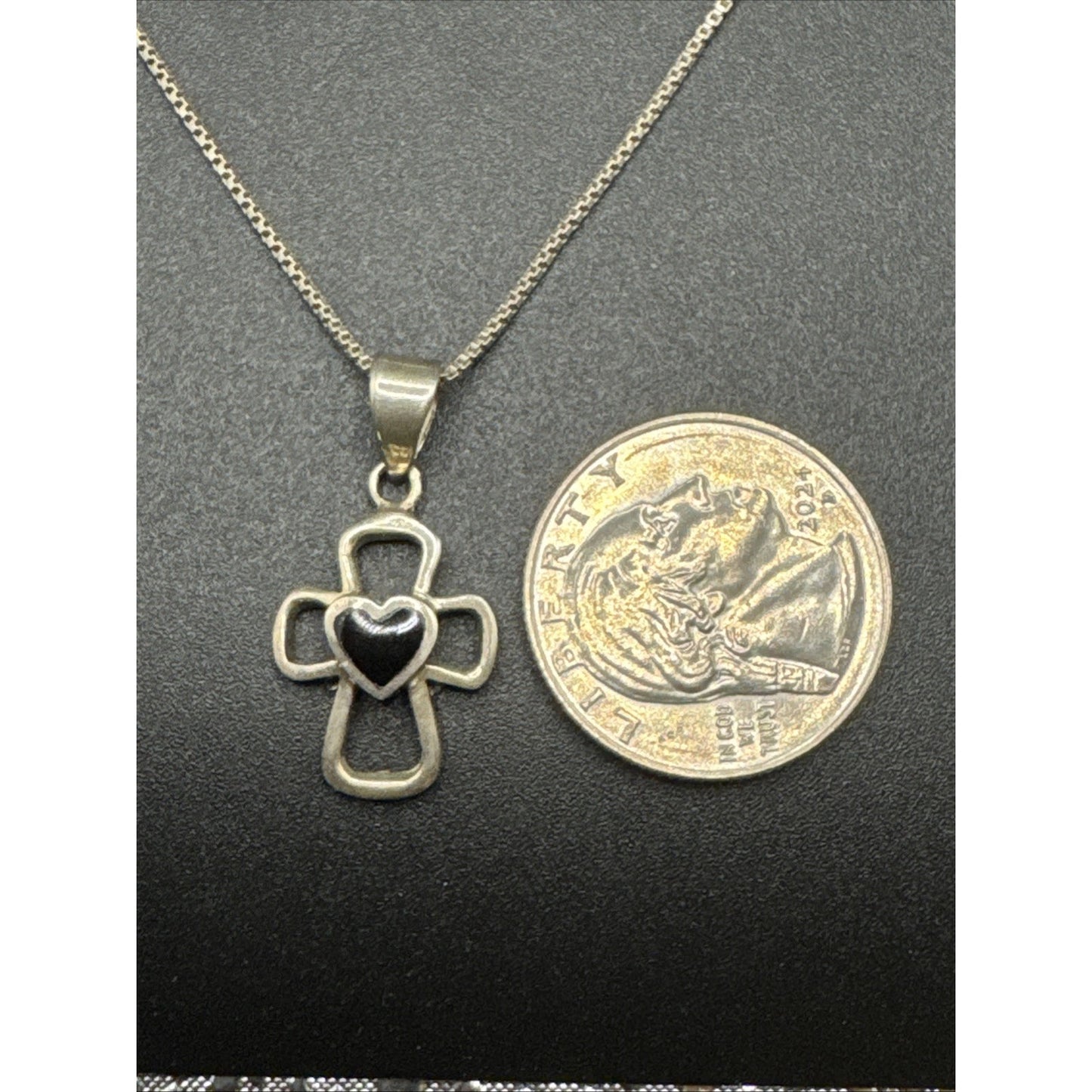 24” Sterling Silver Black Enamel Heart Cross Pendant Necklace 925 T27