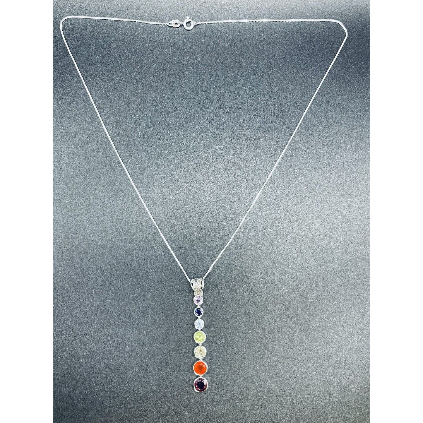 New Condition 18” Sterling Silver Multi Gemstone Graduated Pendant Necklace