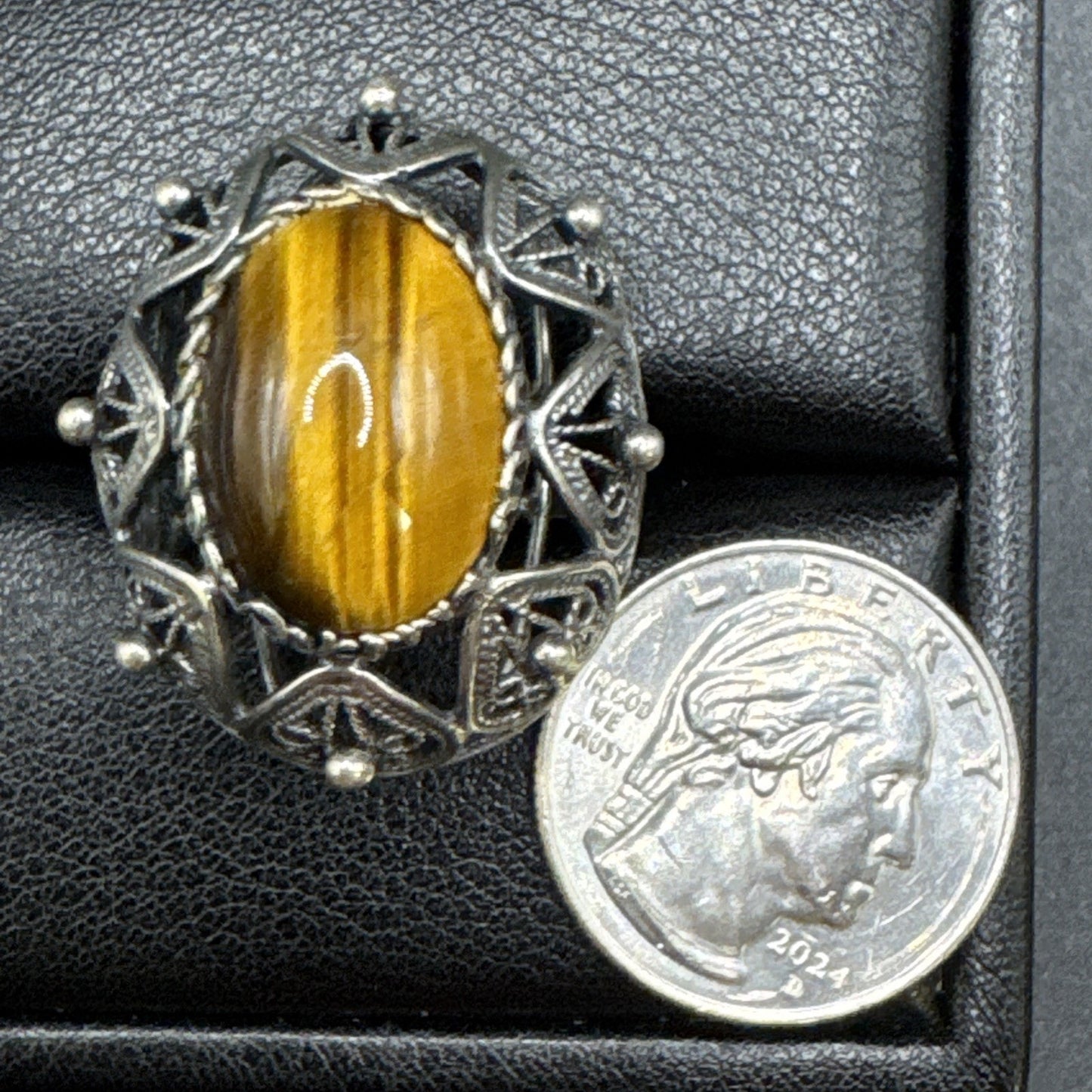 Sterling Silver Tigers Eye Openwork Filigree Dome Ring 925 Size Adjustable Q23