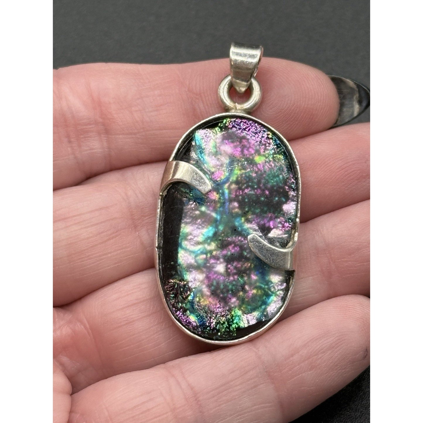 Large Vintage Sterling Silver Dichroic Glass Pendant 925 P19