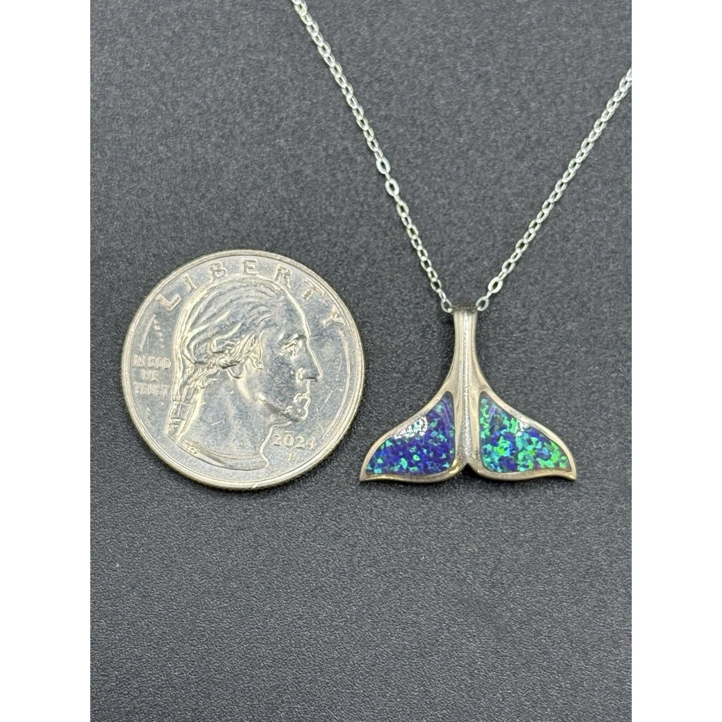 18” Sterling Silver Lab Opal Whale Tail Pendant Necklace 925 P10