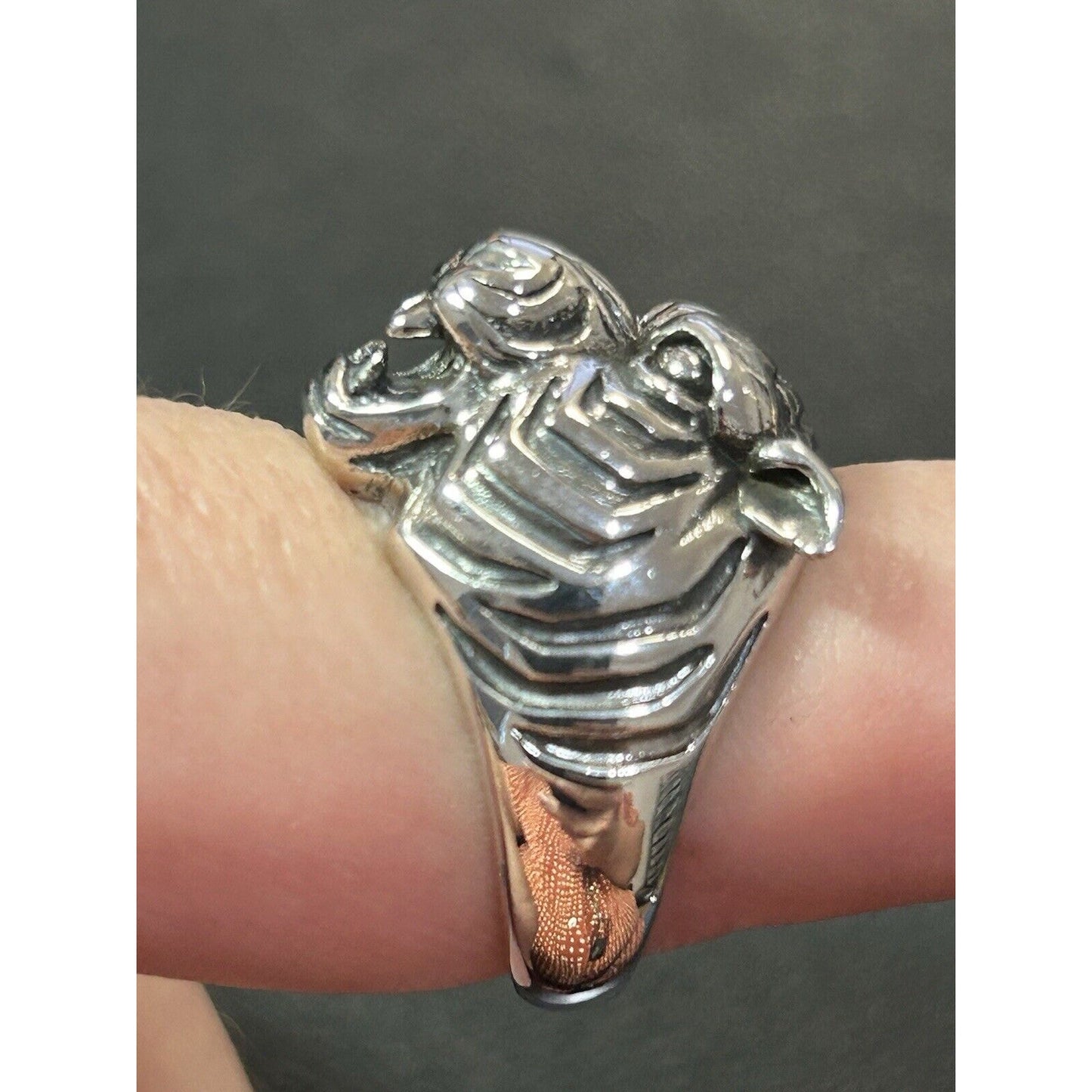 New Condition Sterling Silver 3D Tiger Head Ring Size 10.00