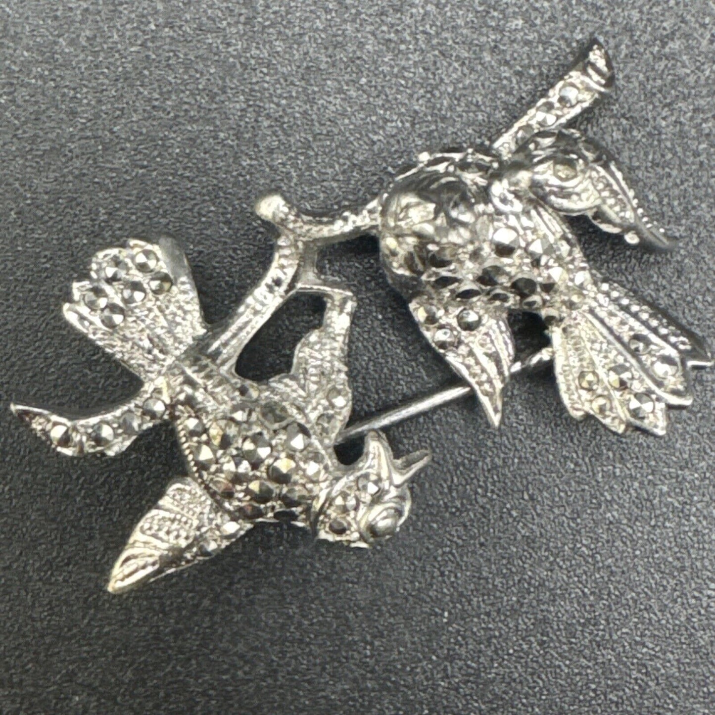 Metasco Germany Sterling Silver Marcasite Twin Birds Brooch Pin 925 N1