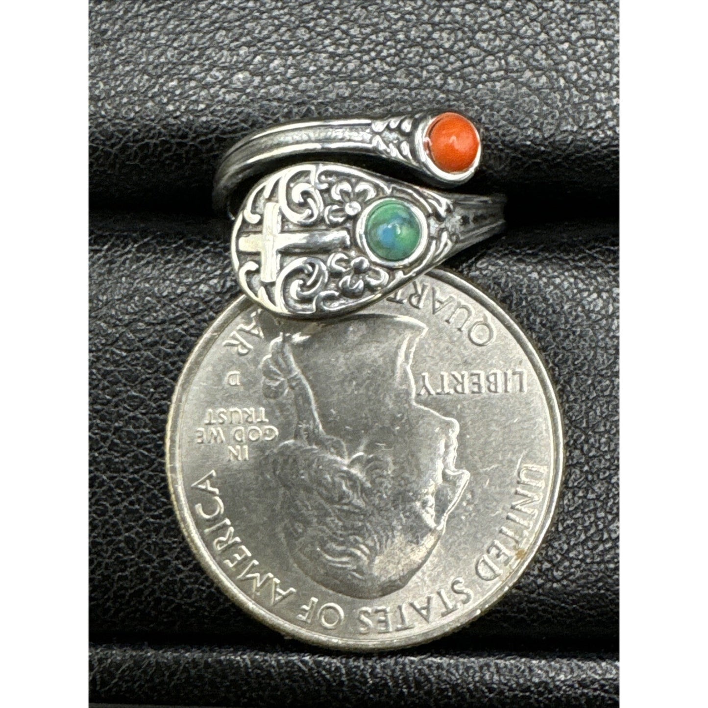 New Condition Sterling Silver Coral Turquoise Bypass Ring Cross 925 Size 7