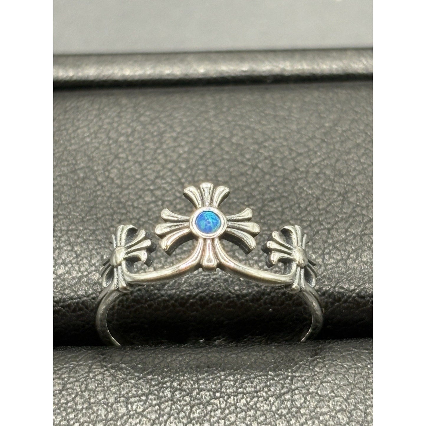 New Condition Sterling Silver Lab Blue Opal Crosses Ring Size 7