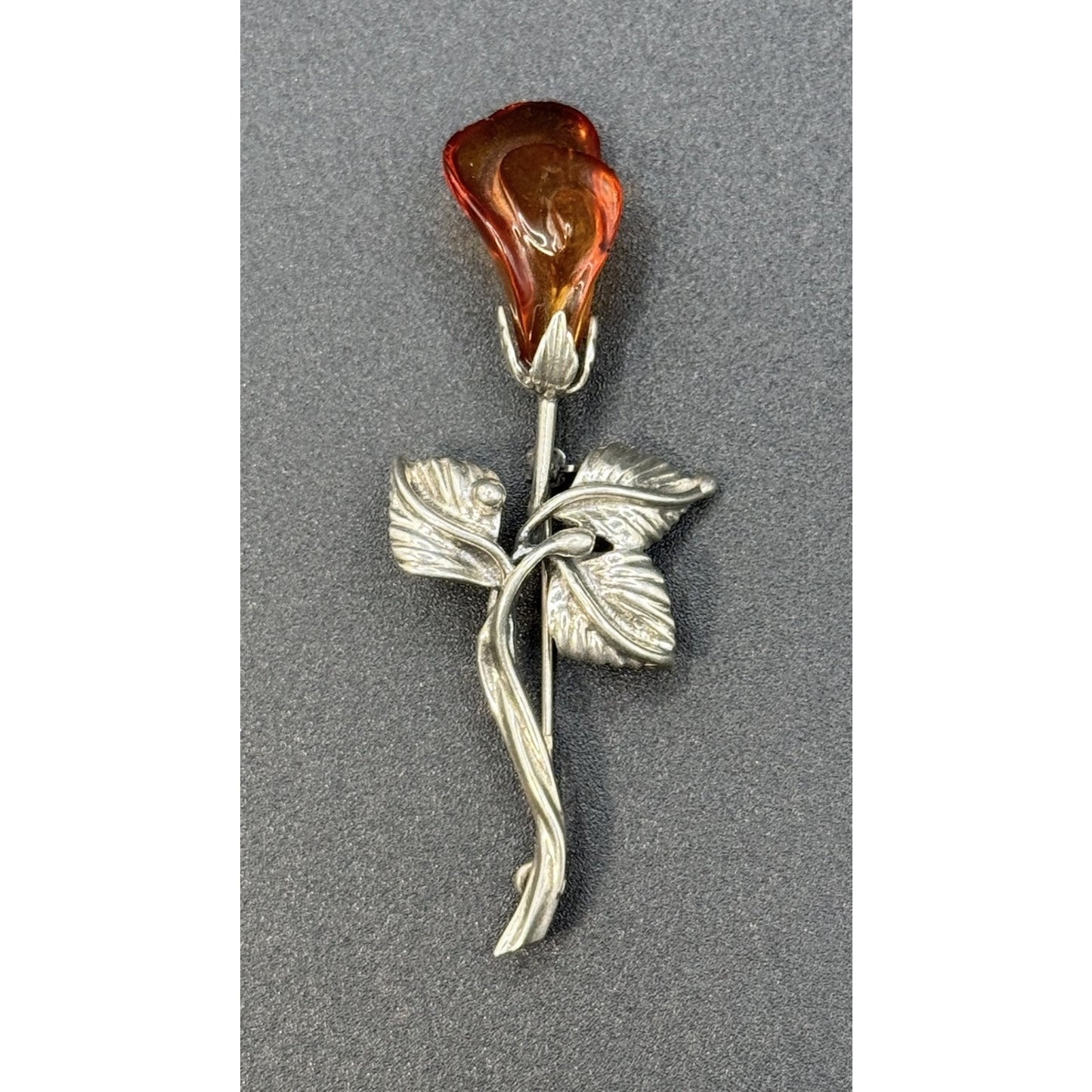 Vintage Sterling Silver Carved Amber Flower Brooch Pin 925 P5