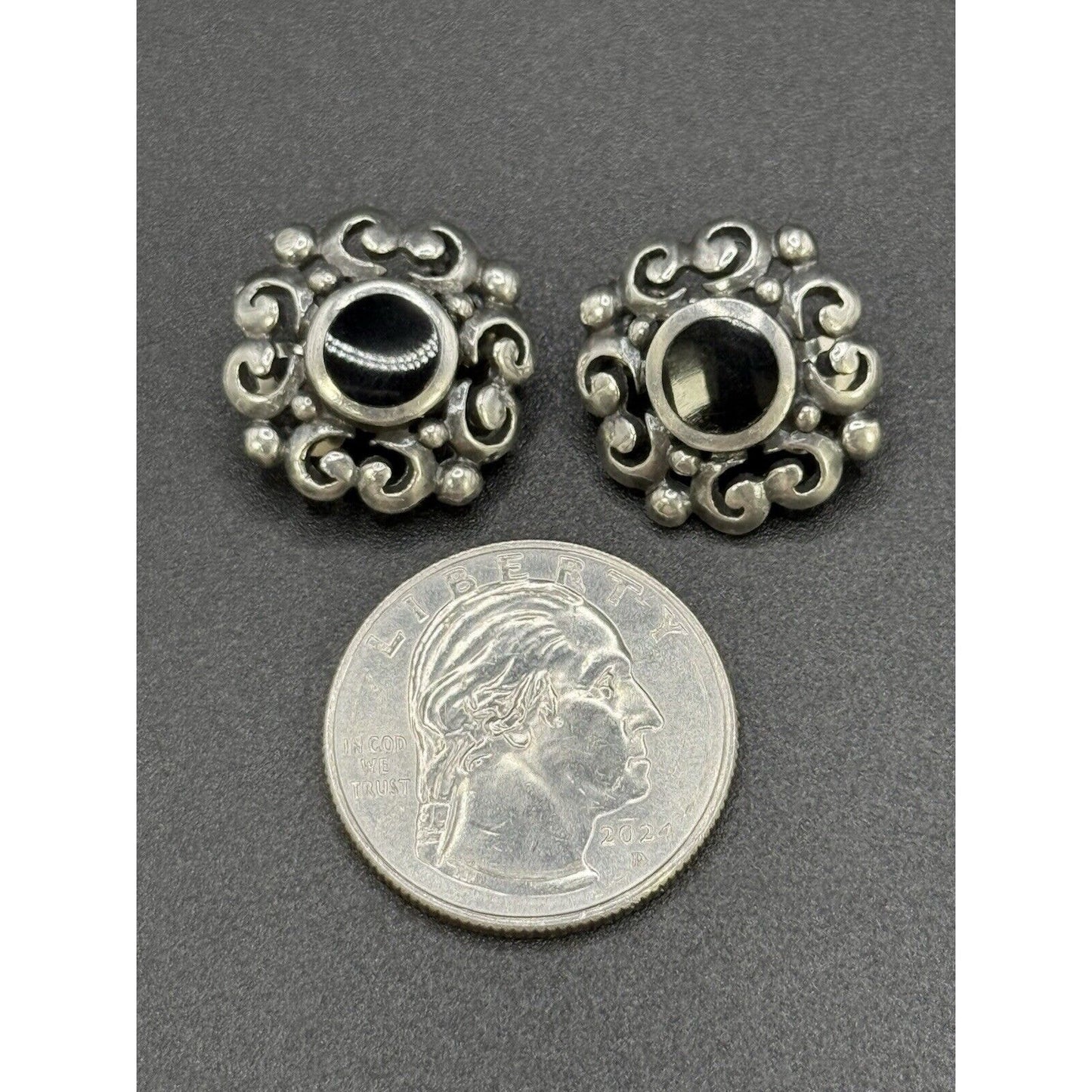 Vintage Sterling Silver Onyx Scroll Clip On Earrings 925 M27