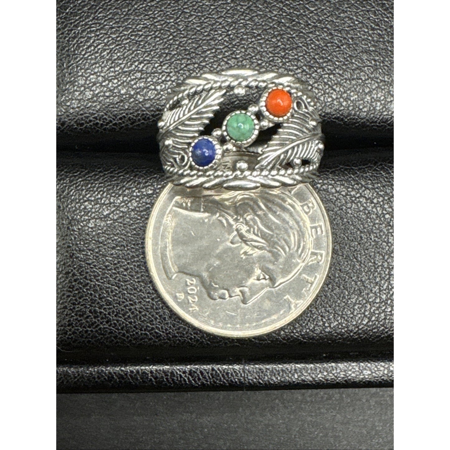 New Condition Coral Turquoise Lapis Feathers Band Ring 925 Size 7