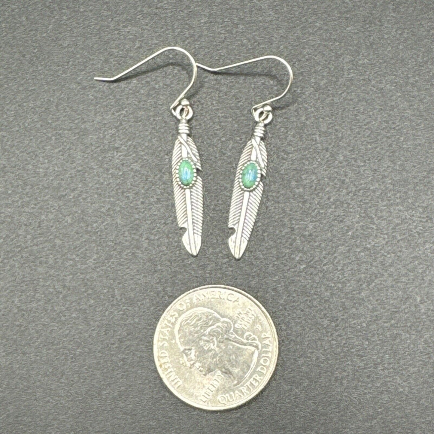 New Condition Sterling Silver Turquoise Feather Dangle Earrings 925