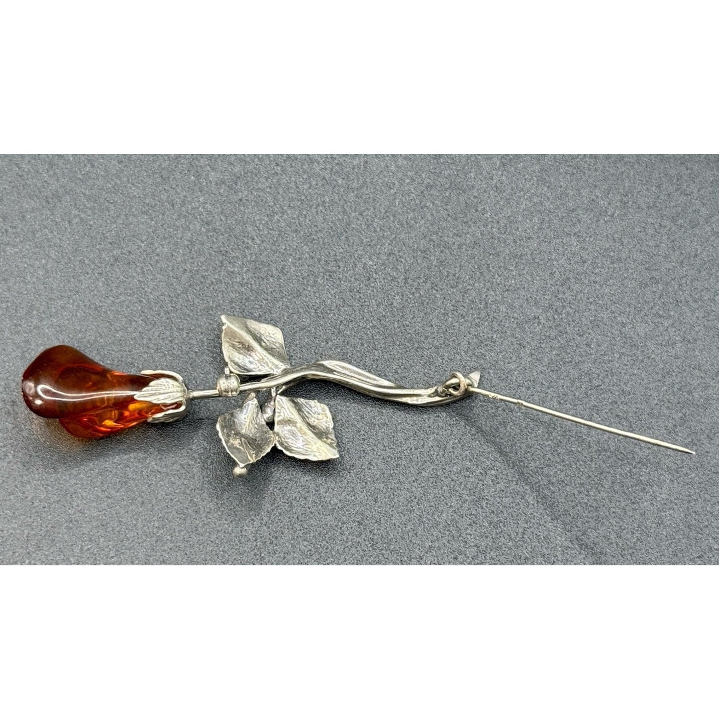 Vintage Sterling Silver Carved Amber Flower Brooch Pin 925 P5