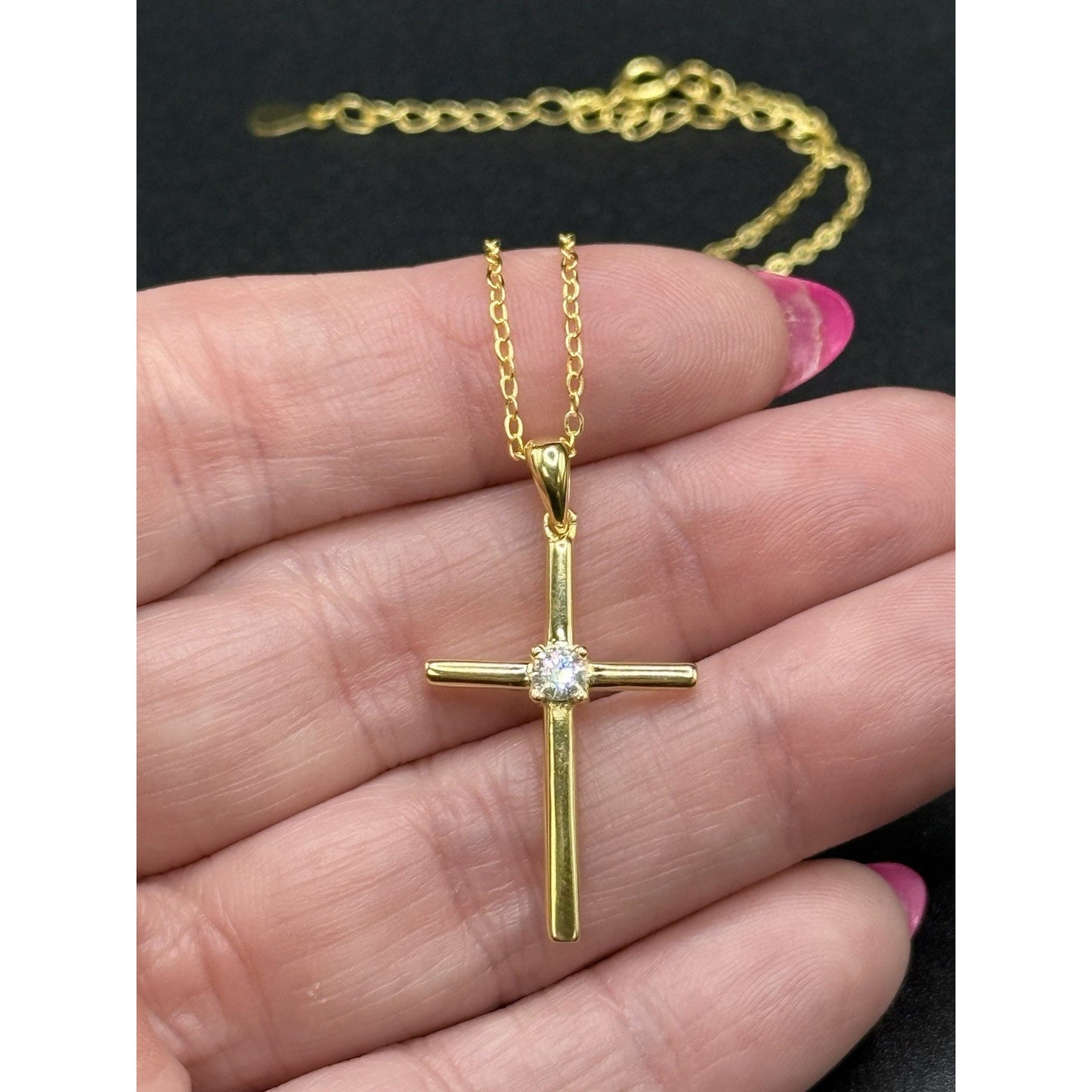 18” New Condition Gold Sterling Silver Moissanite Cross Pendant Necklace GRA