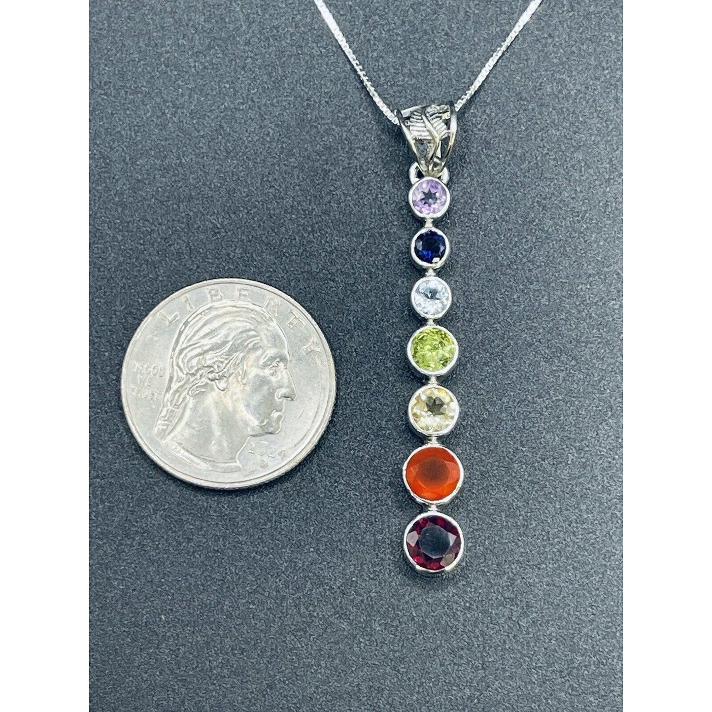 New Condition 18” Sterling Silver Multi Gemstone Graduated Pendant Necklace