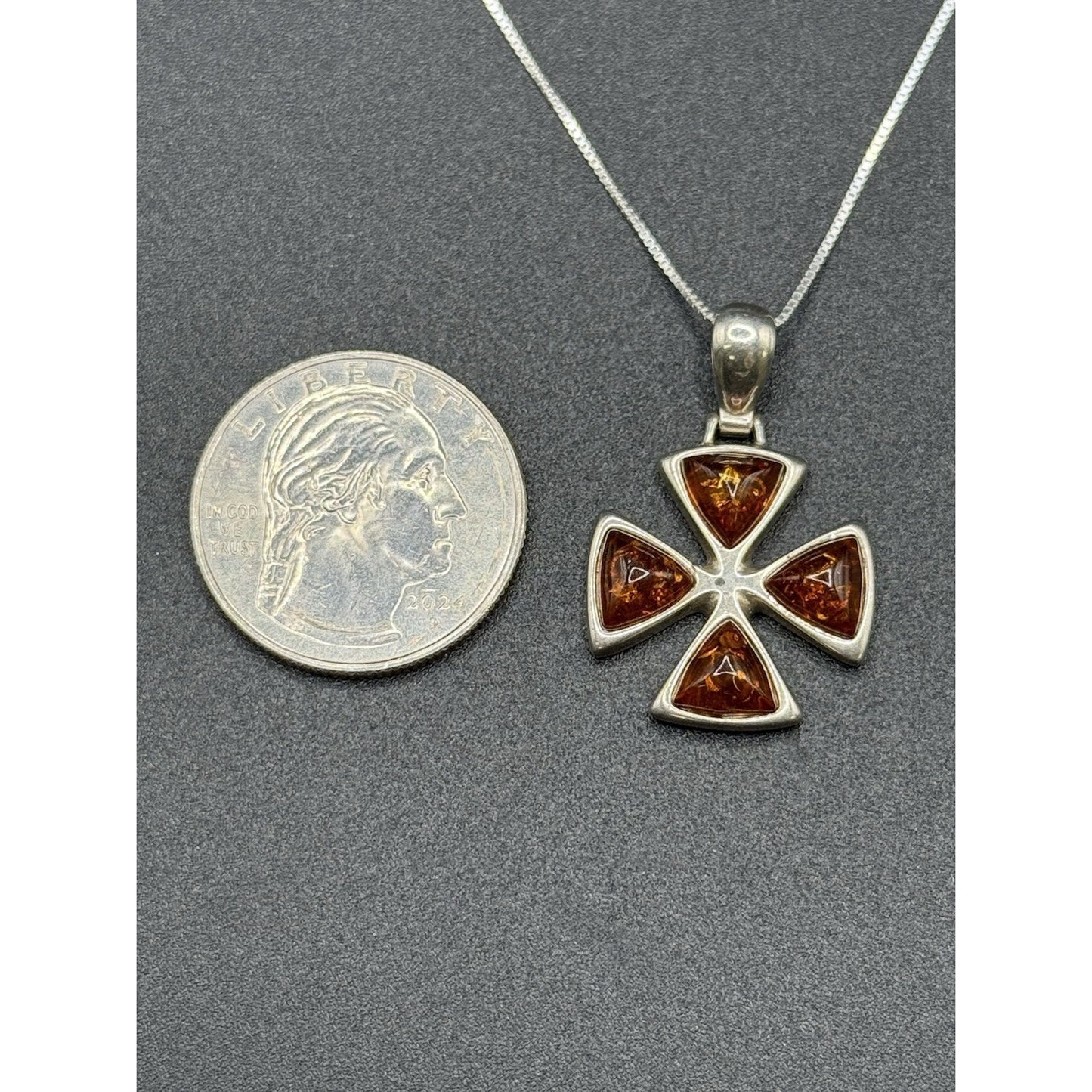 18” Sterling Silver Genuine Amber Cross Pendant Necklace P3