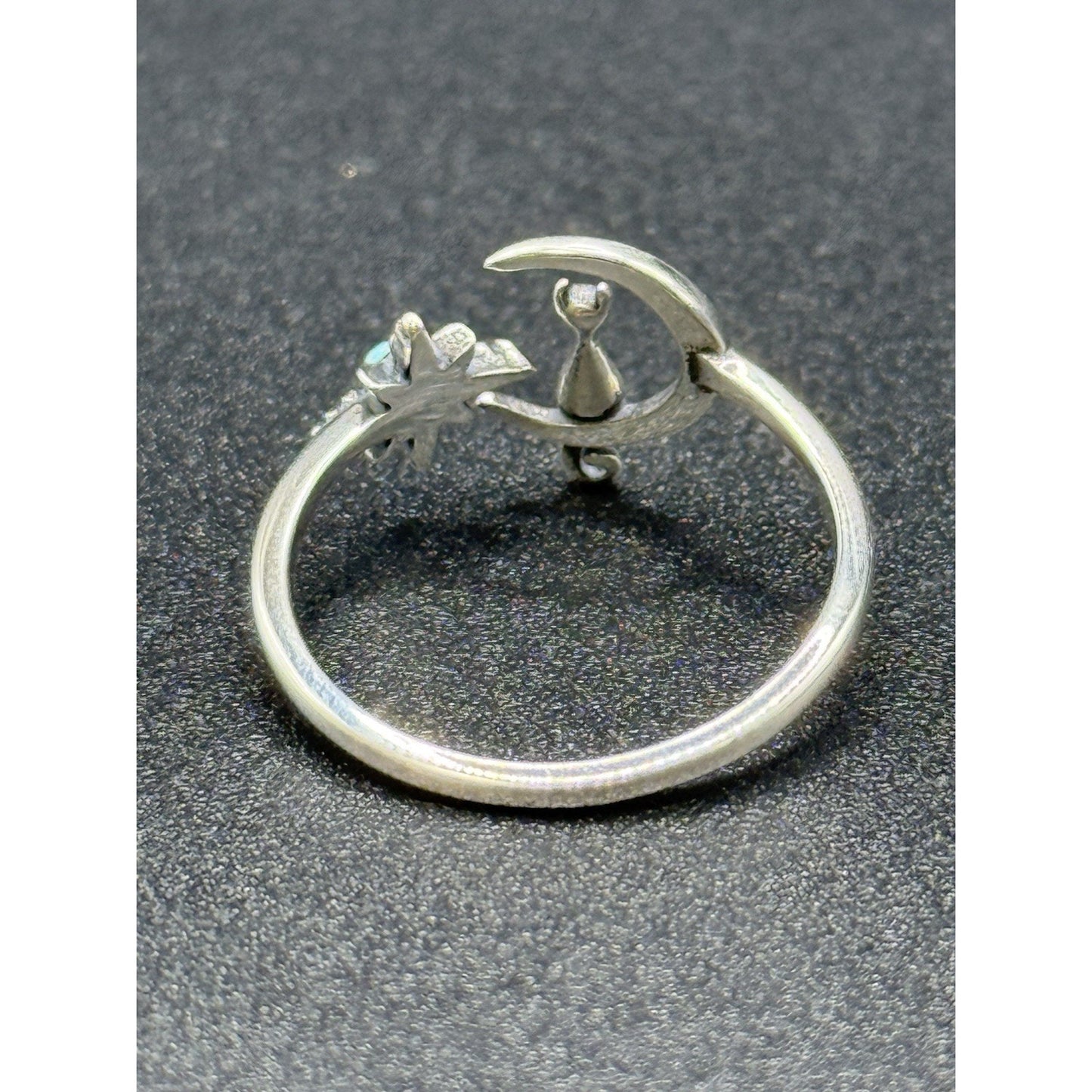 New Condition Sterling Silver Turquoise Moon Cat Star Ring Size 7.00 Adjustable