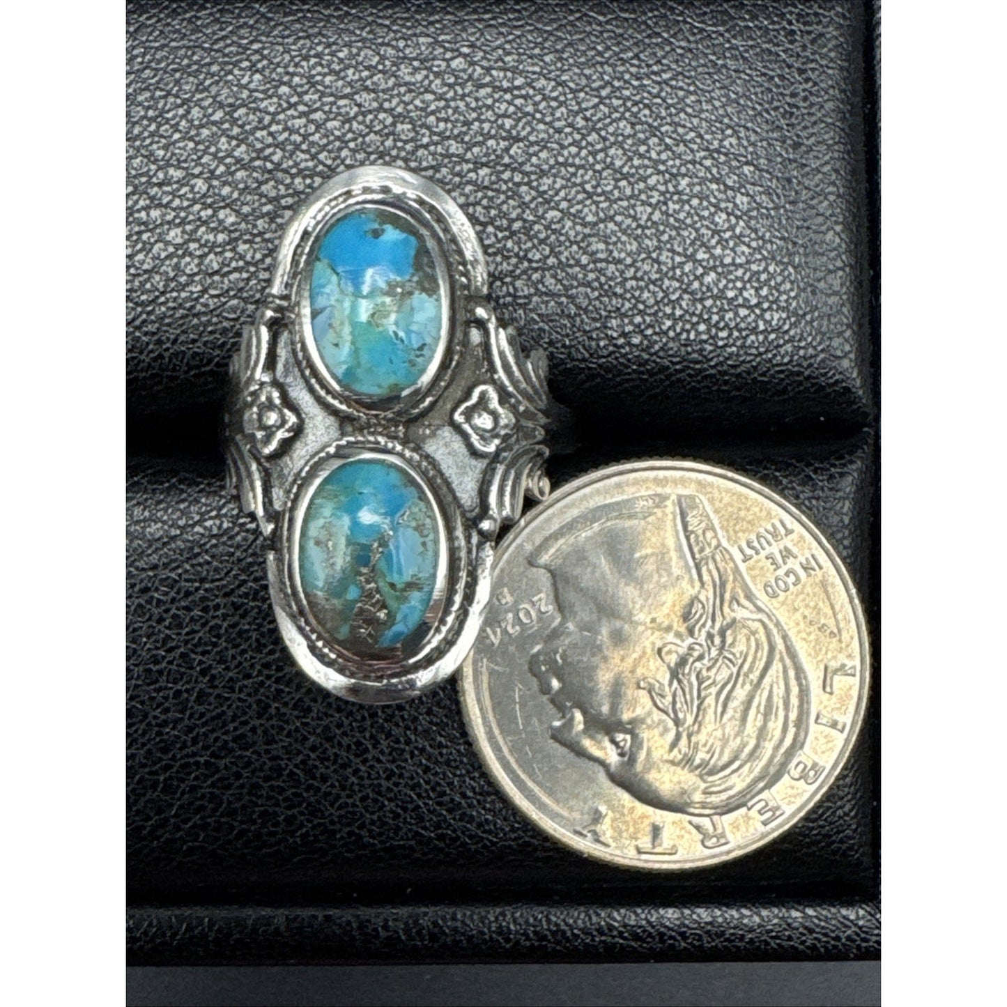 New Condition Sterling Silver Double Turquoise Long Ring Size 10