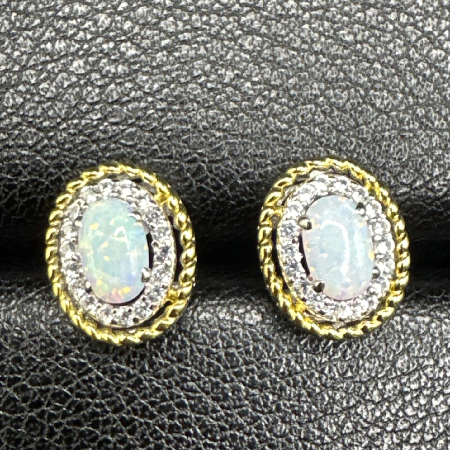 New Condition Sterling Silver 14k Gold Plated Lab Opal Earrings 925
