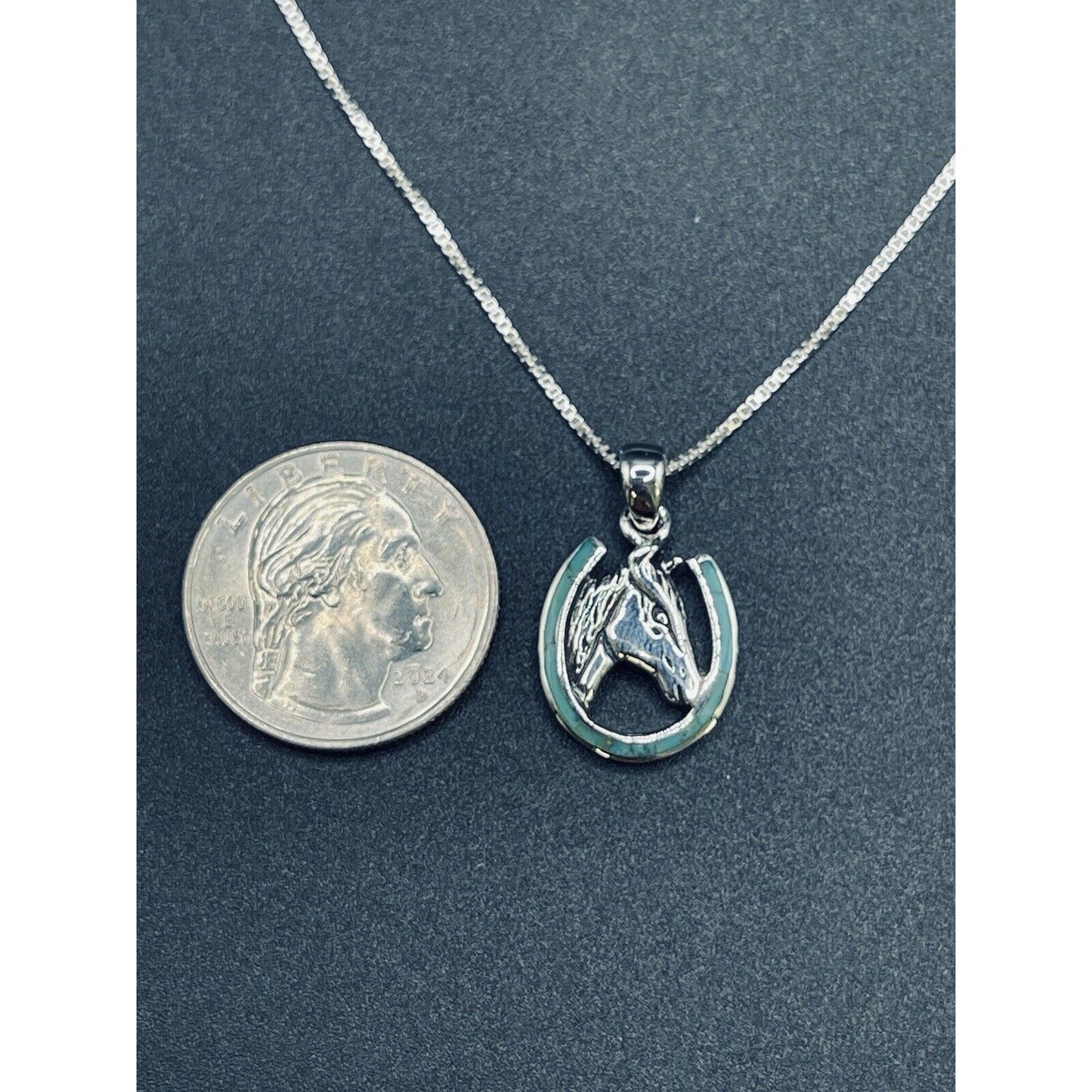 New Condition 20” Sterling Silver Turquoise Lab Opal Horse Shoe Pendant Necklace