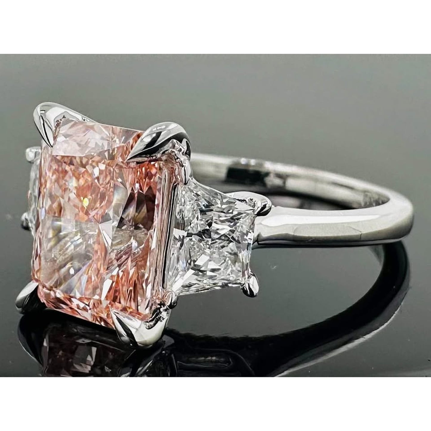 14k White Gold 3 Carat Lab Grown Diamond Fancy Pink Radiant Ring IGI
