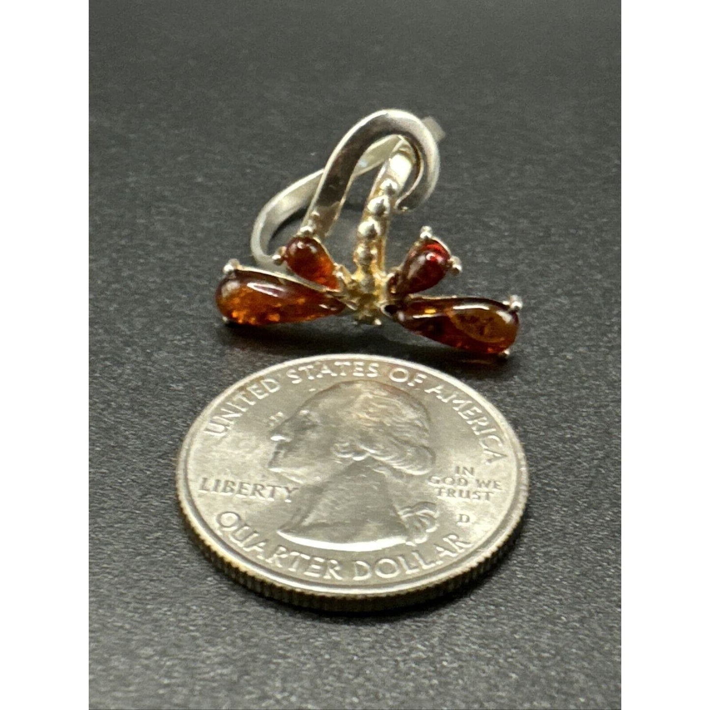 Modern Sterling Silver 925 Amber Dragonfly Ring Size 7.5 F18