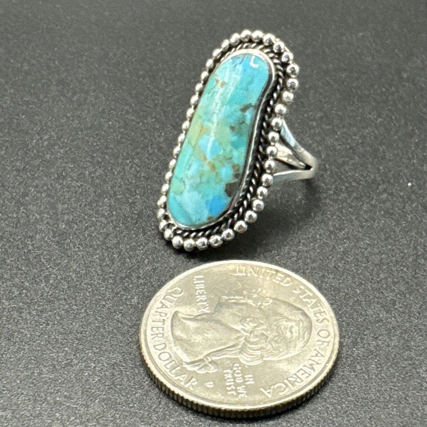 New Condition Sterling Silver Oblong Turquoise Ring 925 Size 6.75