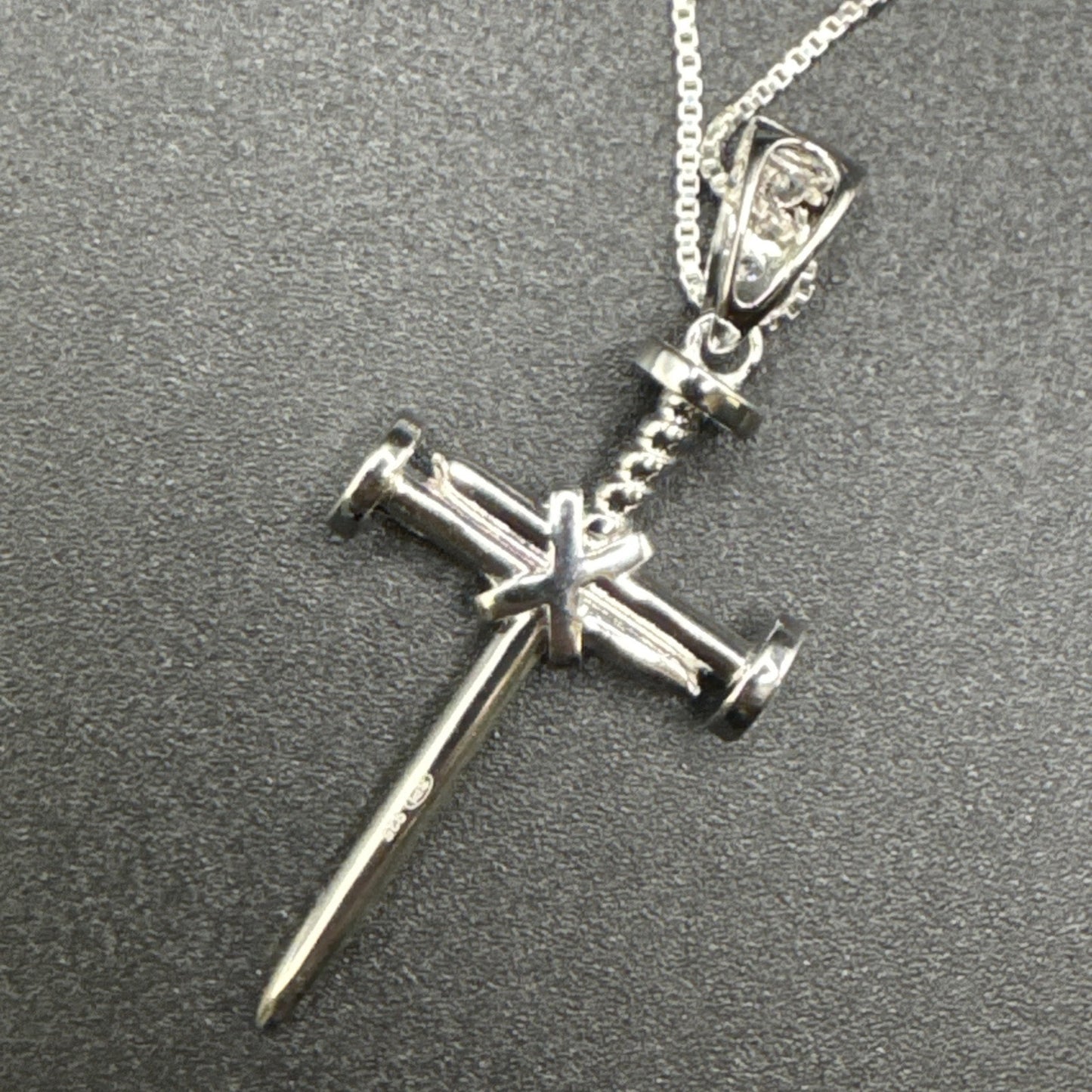 New Condition Sterling Silver 22” CZ Cross Of Nails Pendant Necklace 925