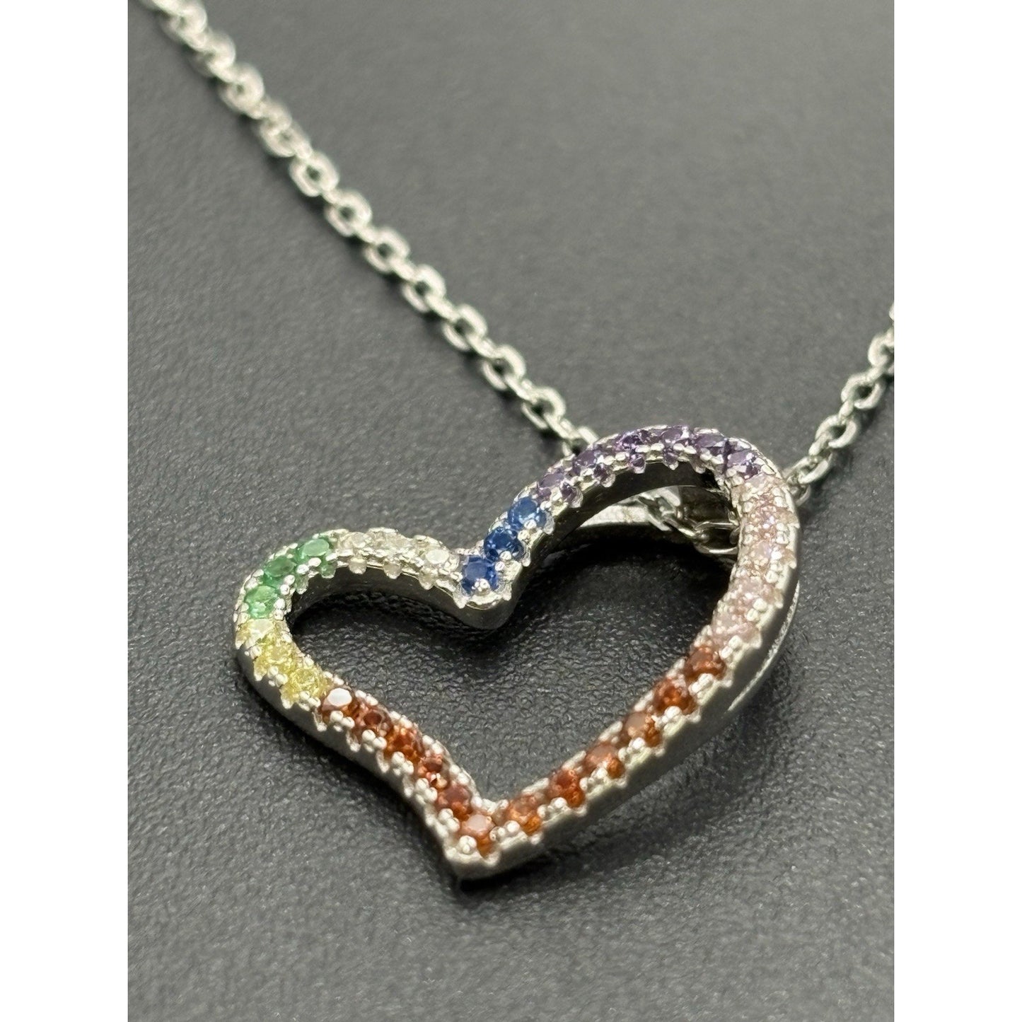 New Condition 18" Sterling Silver Rainbow Cubic Zirconia Heart Pendant Necklace