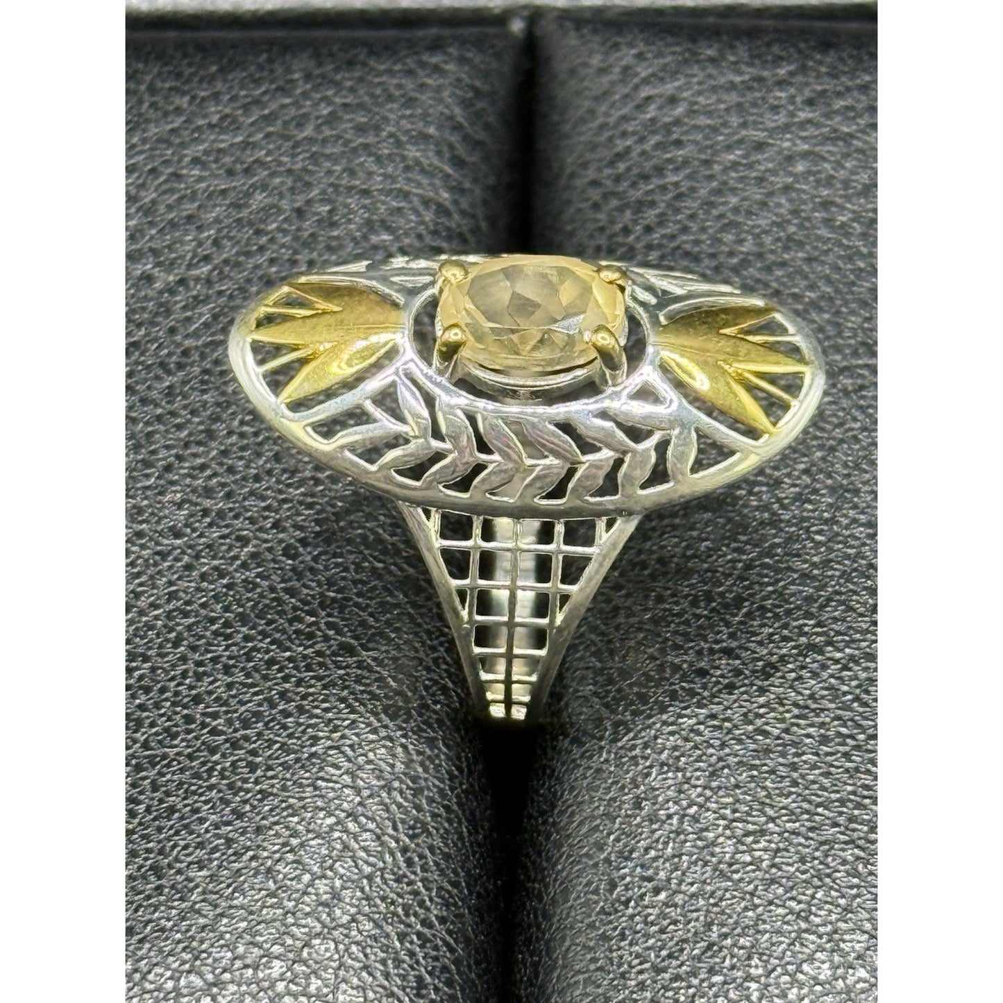 New Condition Sterling Silver Two Tone Genuine Citrine Ring Size 8.00