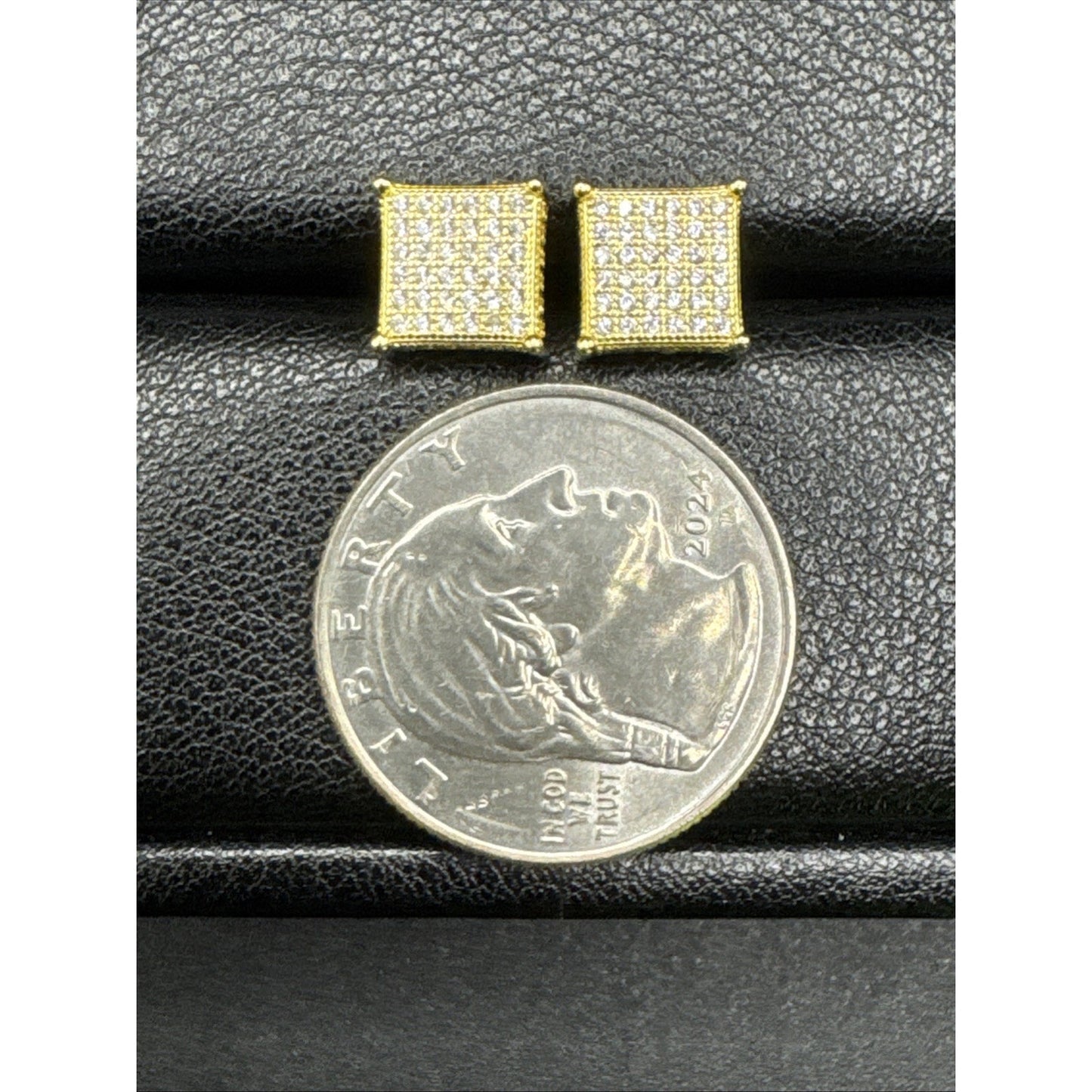 New Condition Gold Sterling Silver CZ Pavé Square Stud Earrings 925